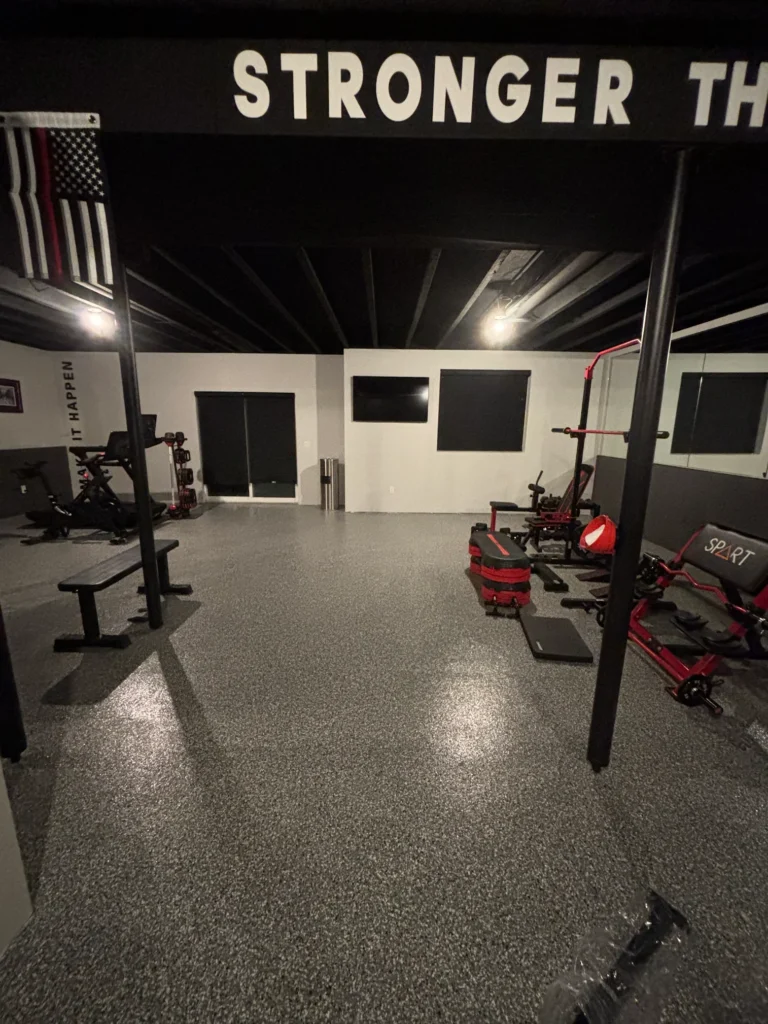 Coated basement floor with glossy finish preventing mold growth