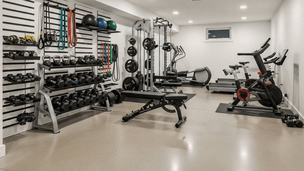 Bright basement home gym with a polished, speckled concrete floor coating and weight equipment.